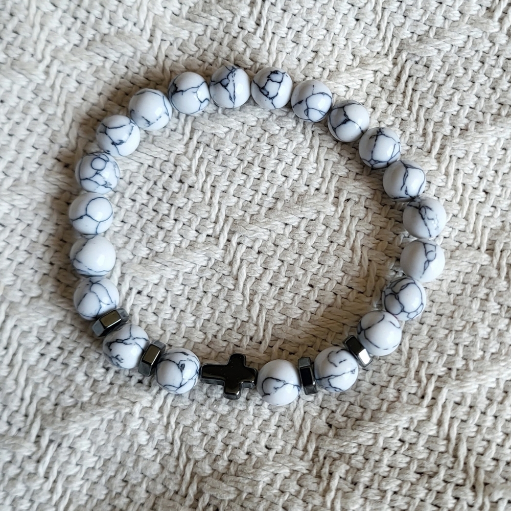 Black lined natural gemstone cross bracelet